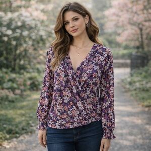 ANTHROPOLOGIE WRAP SURPLICE DARK SMALL FLORAL PRINT LS OVERSIZED TOP SZ SMALL N…